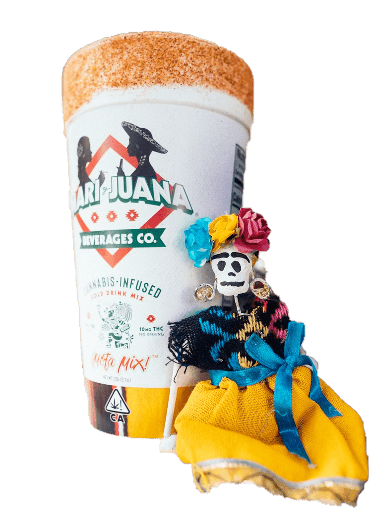 Mota Mix cup beside a hand-decorated calavera doll, part of the Mari y Juana story
